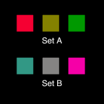 2 sets of 3 colors on a black background. For the most common kind of dichromats, both sets are indistinguishable.
