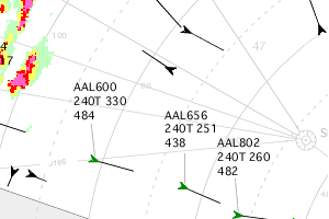 An integrated aerospace display that includes low luminance contrast boundary data, higher contrast data points, and color-coded weather information on a white background.